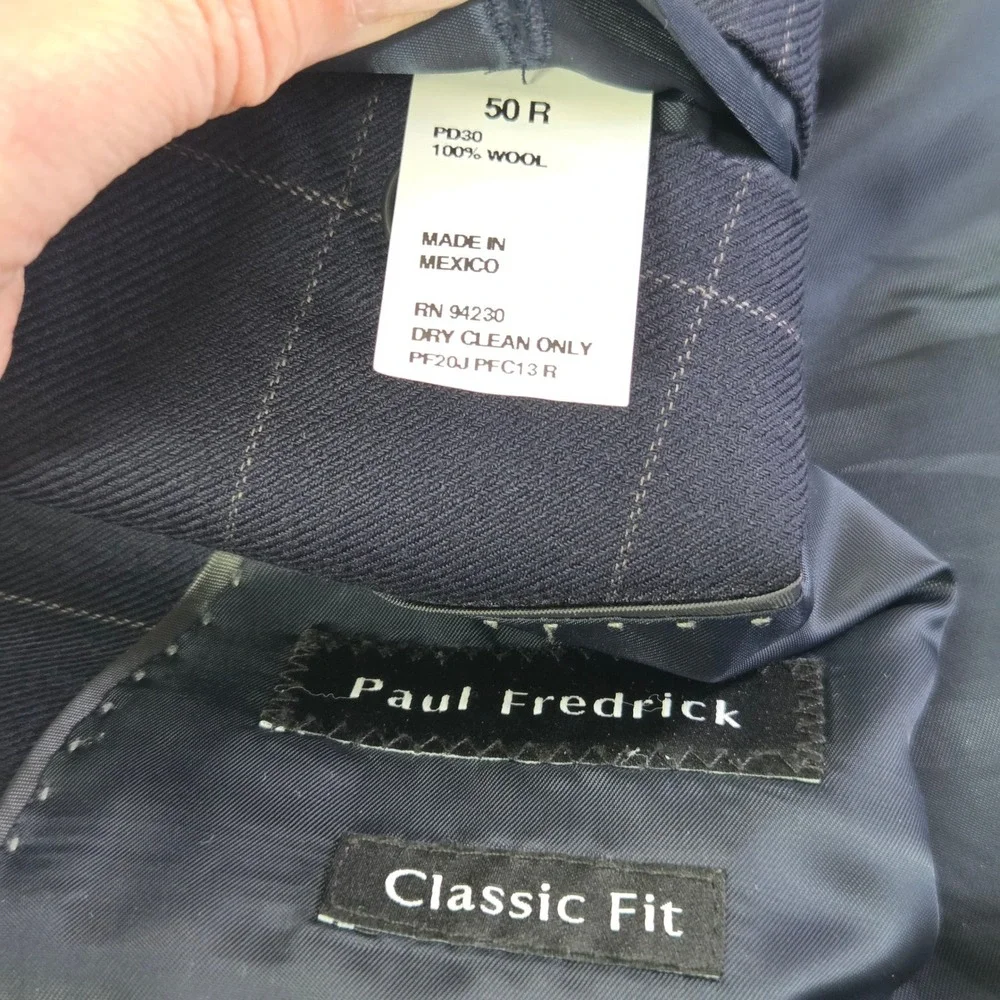 Paul Fredrick Blazer Mens 50R Navy Blue Windowpane‎ Wool Classic Fit Jacket